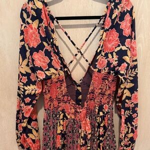 Floral Long Sleeve Dress with Crisscross Back